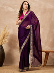 Purple Satin Solid with Embroidered Border Saree with Unstitched Blouse