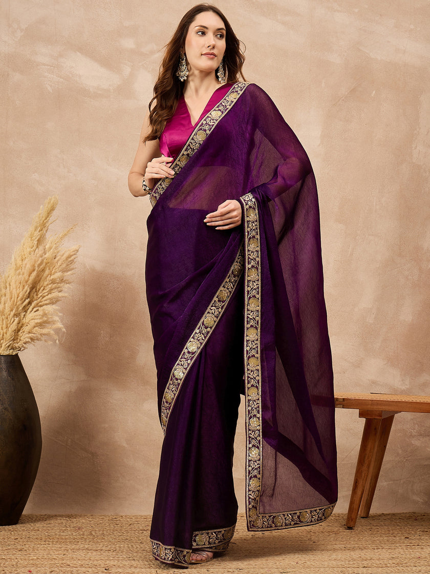 Purple Satin Solid with Embroidered Border Saree with Unstitched Blouse