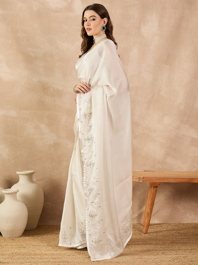 White Satin Solid With Coding Work Saree with Unstitched Fancy Blouse