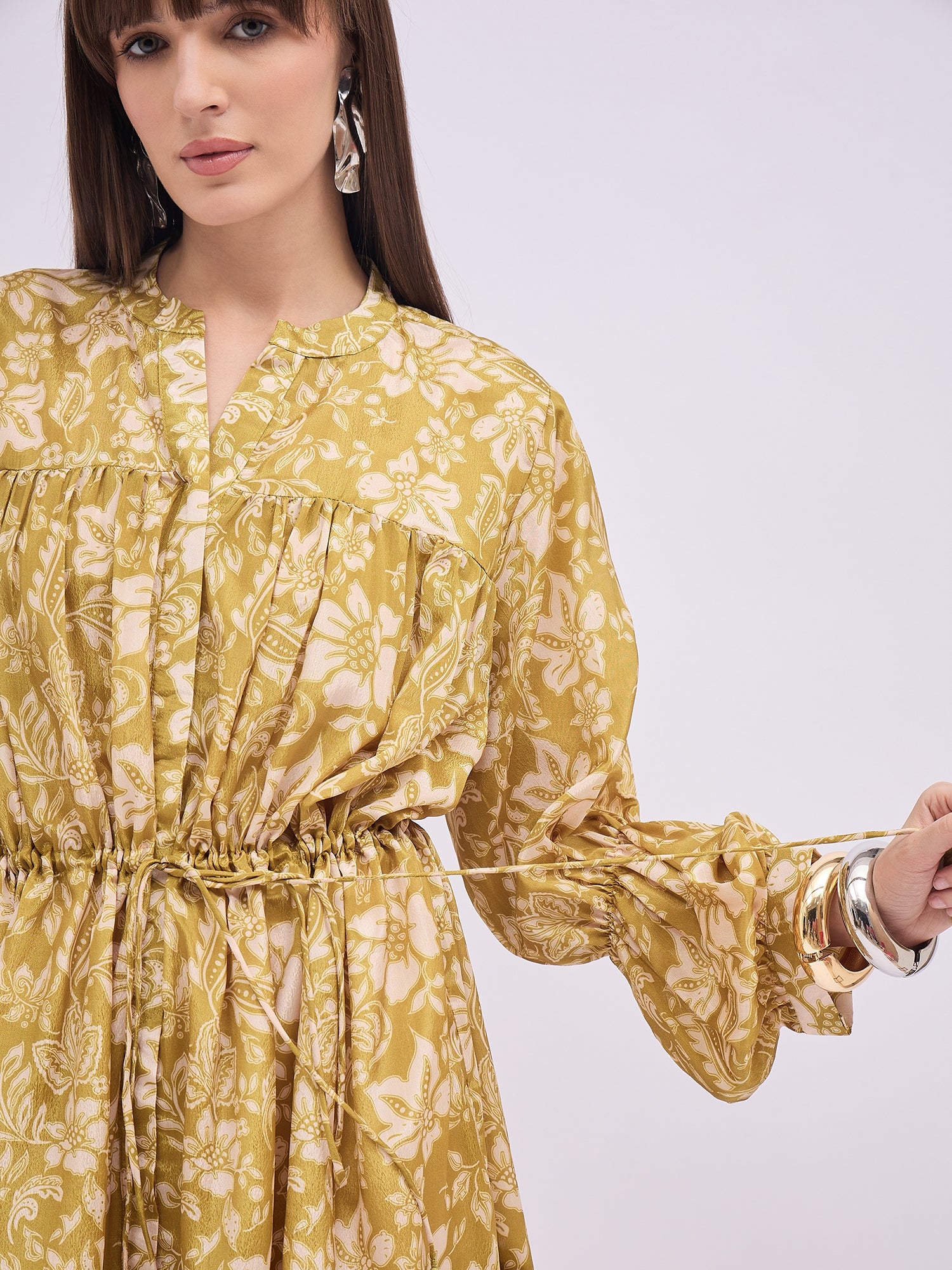 Multi Polyester Printed Ballon Sleeves Floral Dress