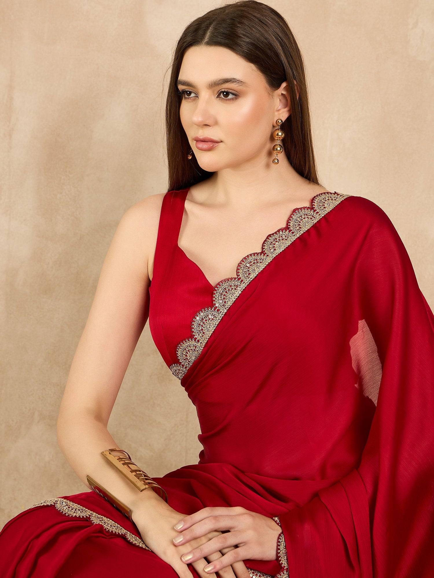 Red  Satin Solid With Embellished Lace Saree with Unstitched Fancy Blouse