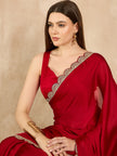 Red  Satin Solid With Embellished Lace Saree with Unstitched Fancy Blouse
