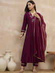 Wine  Chinon Embroideried A-Line Kurta Trouser