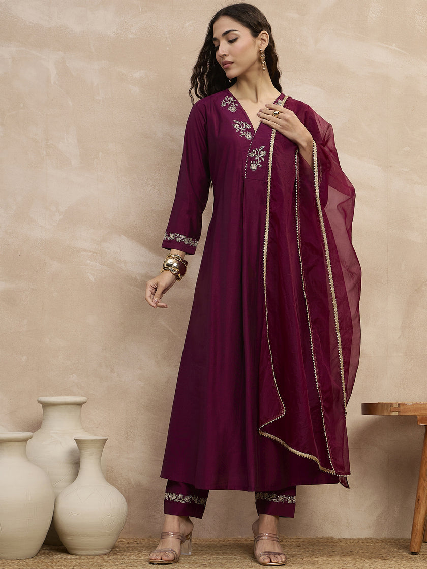 Wine  Chinon Embroideried A-Line Kurta Trouser