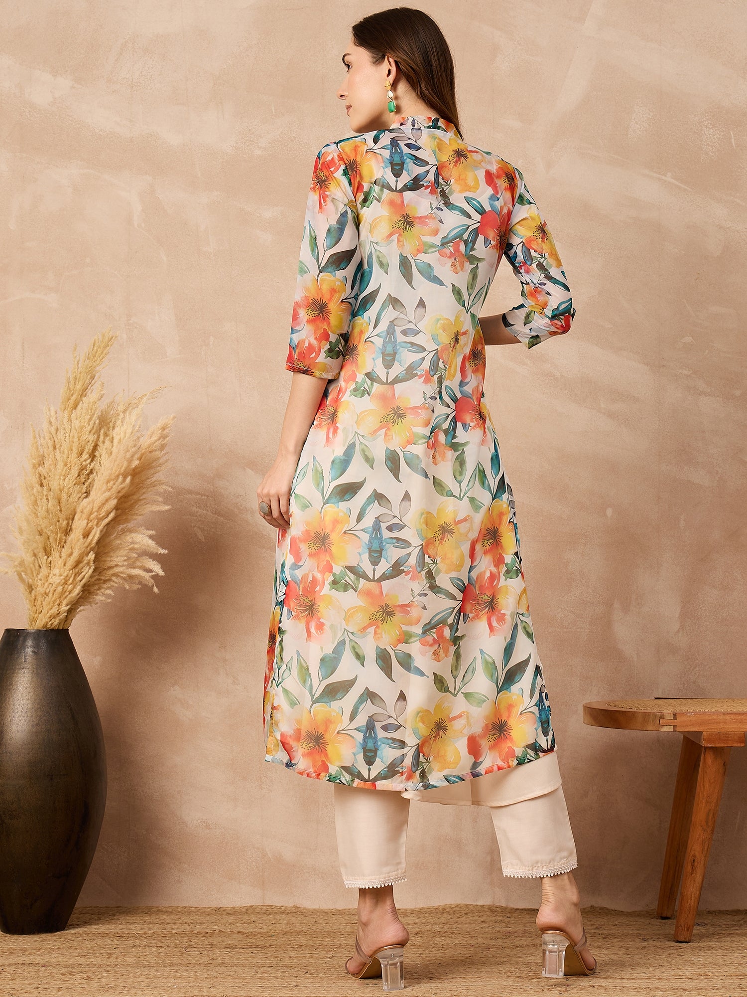 Off-White Silk Blend Solid A-Line Kurta Trouser With Floral Print Shrug