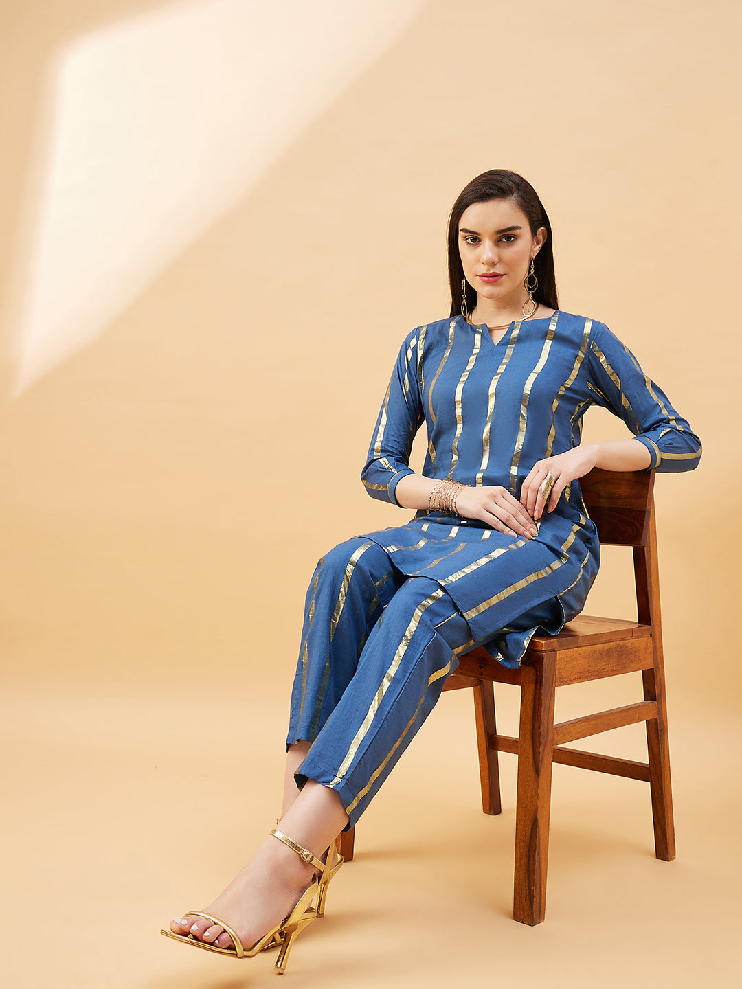 Blue  Cotton Blend Solid A-Line Kurta  Trouser