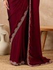 Maroon Satin Solid With Embroidered Border Saree with Unstitched Fancy Blouse