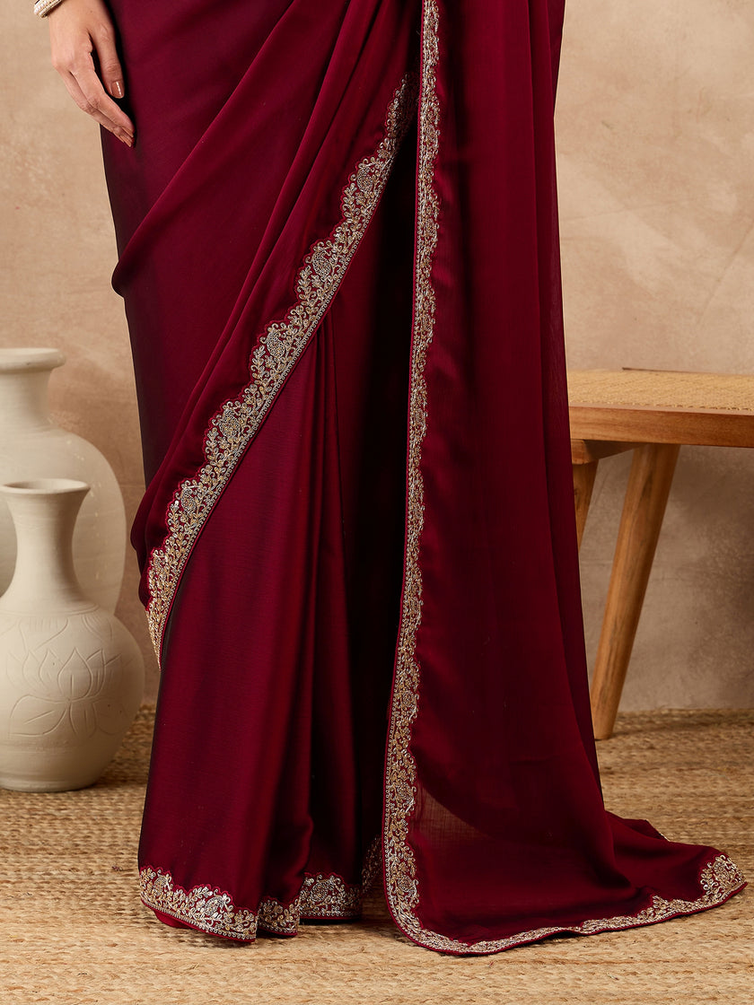 Maroon Satin Solid With Embroidered Border Saree with Unstitched Fancy Blouse