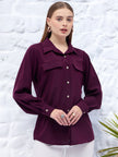 Maroon Satin Solid NA Regular Sleeves New Basics  Tops