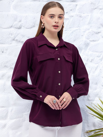 Maroon Satin Solid NA Regular Sleeves New Basics  Tops