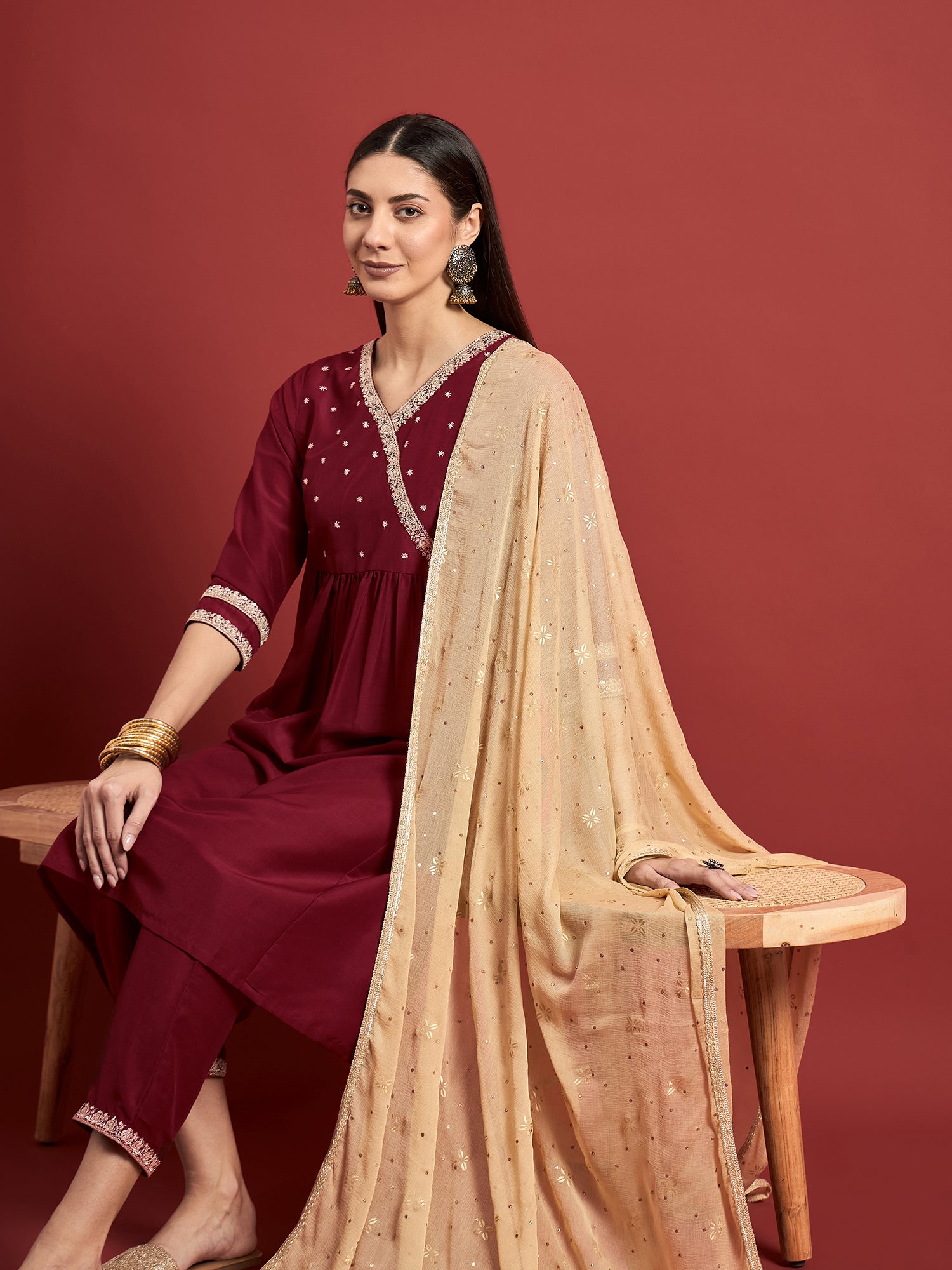 Maroon Embroideried Anarkali Kurta  Trouser