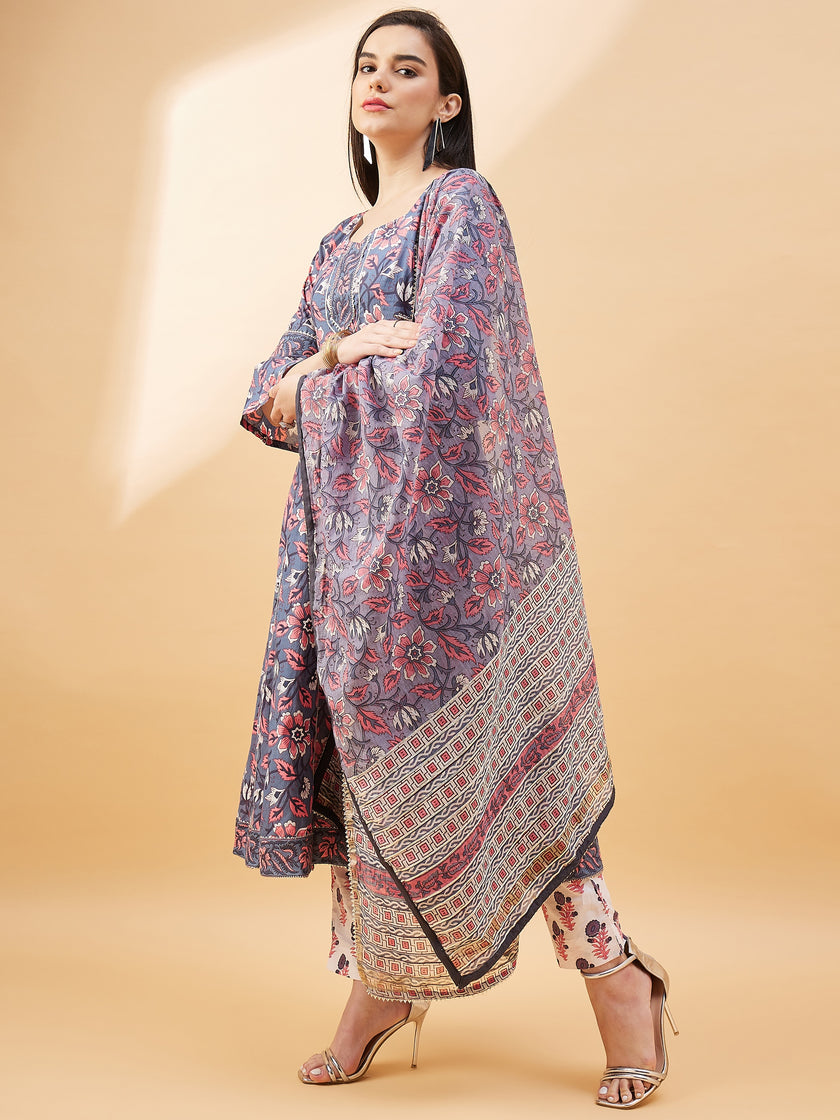 Grey   Pure Cotton  Printed  Anarkali Kurta  Trouser