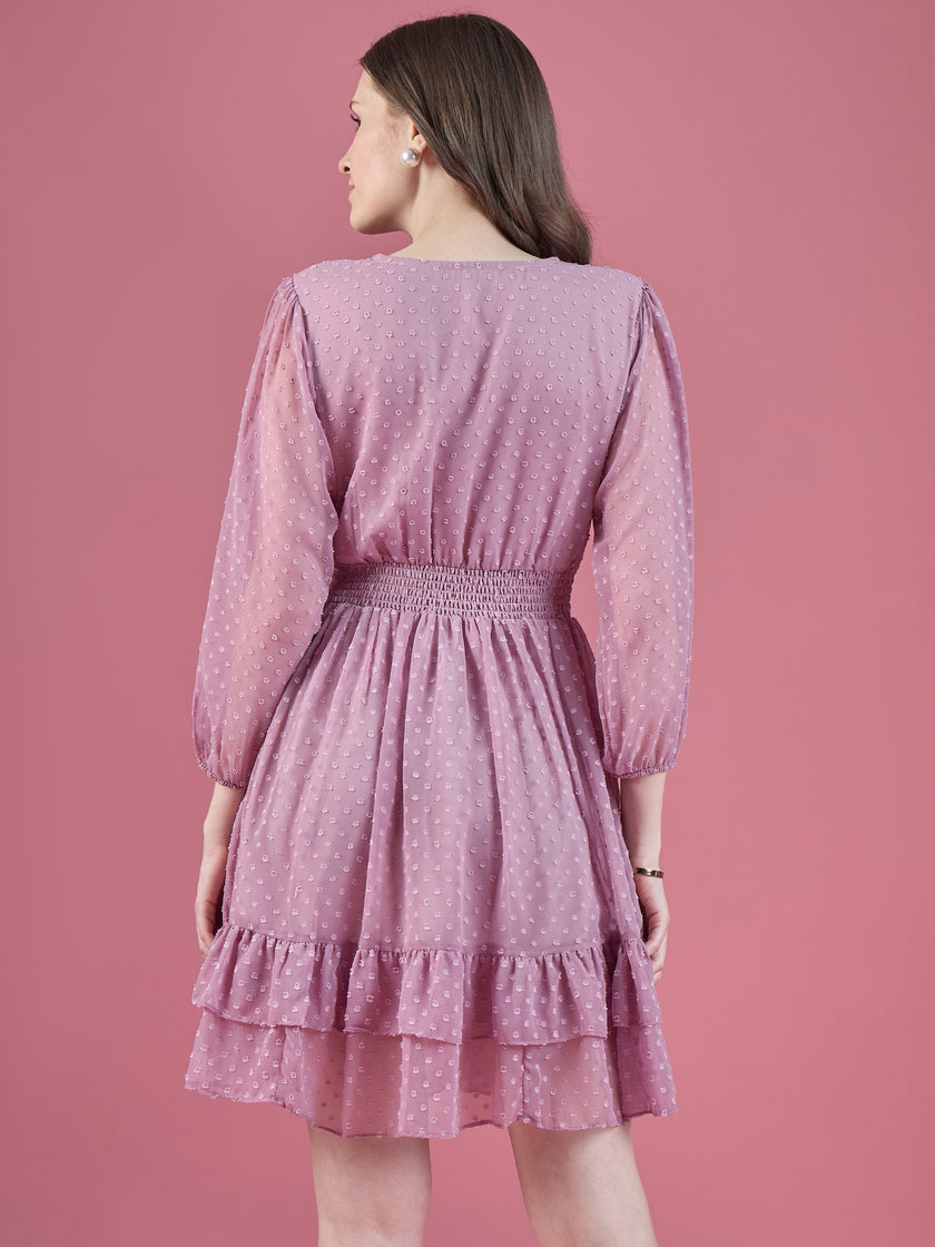 Lavender Georgette Embroidered Puff Sleeves Self Design Dress