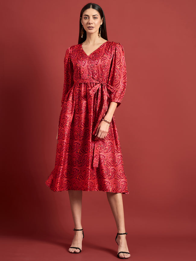 Pink Polyester Printed Puff Sleeves Ethnic Motifs Dress