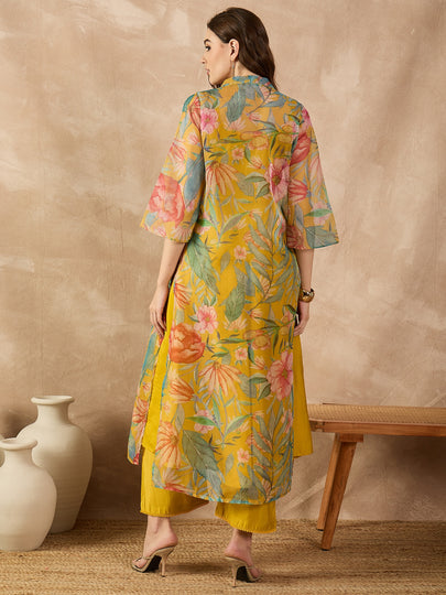 Yellow Silk Blend Solid A-Line Kurta Trouser With Floral Print Shrug