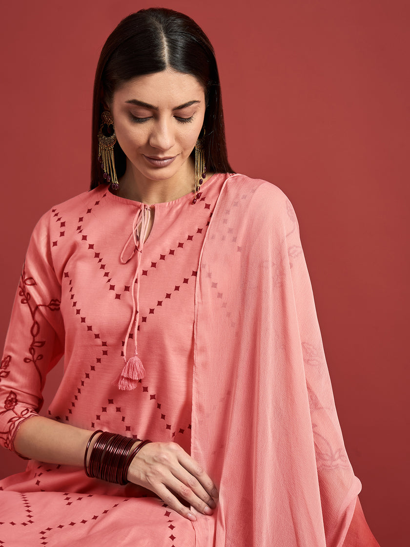 Peach  Silk Blend Printed A-Line Kurta  Trouser
