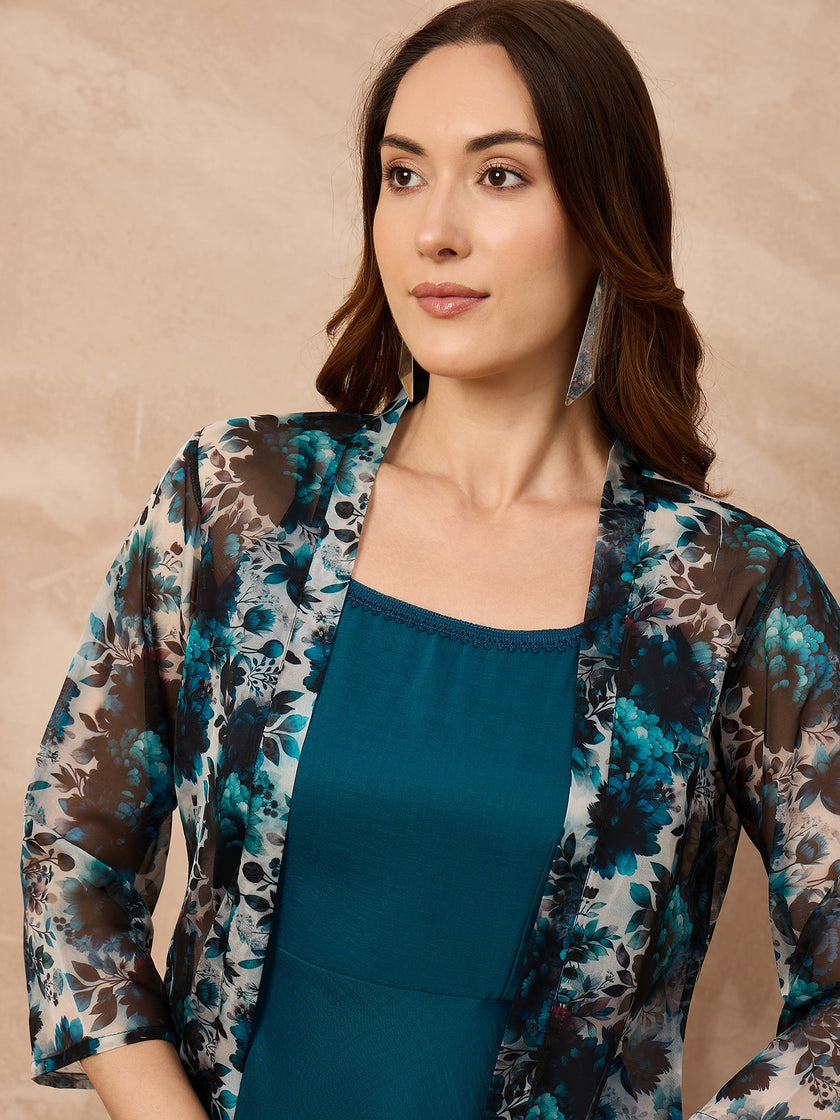 Teal Silk Blend Solid A-Line Kurta Trouser With Floral Print Shrug