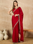 Red  Satin Solid With Embellished Lace Saree with Unstitched Fancy Blouse