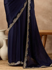 Blue Satin Solid With Embroidered Border Saree with Unstitched Fancy Blouse