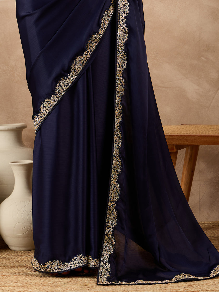Blue Satin Solid With Embroidered Border Saree with Unstitched Fancy Blouse