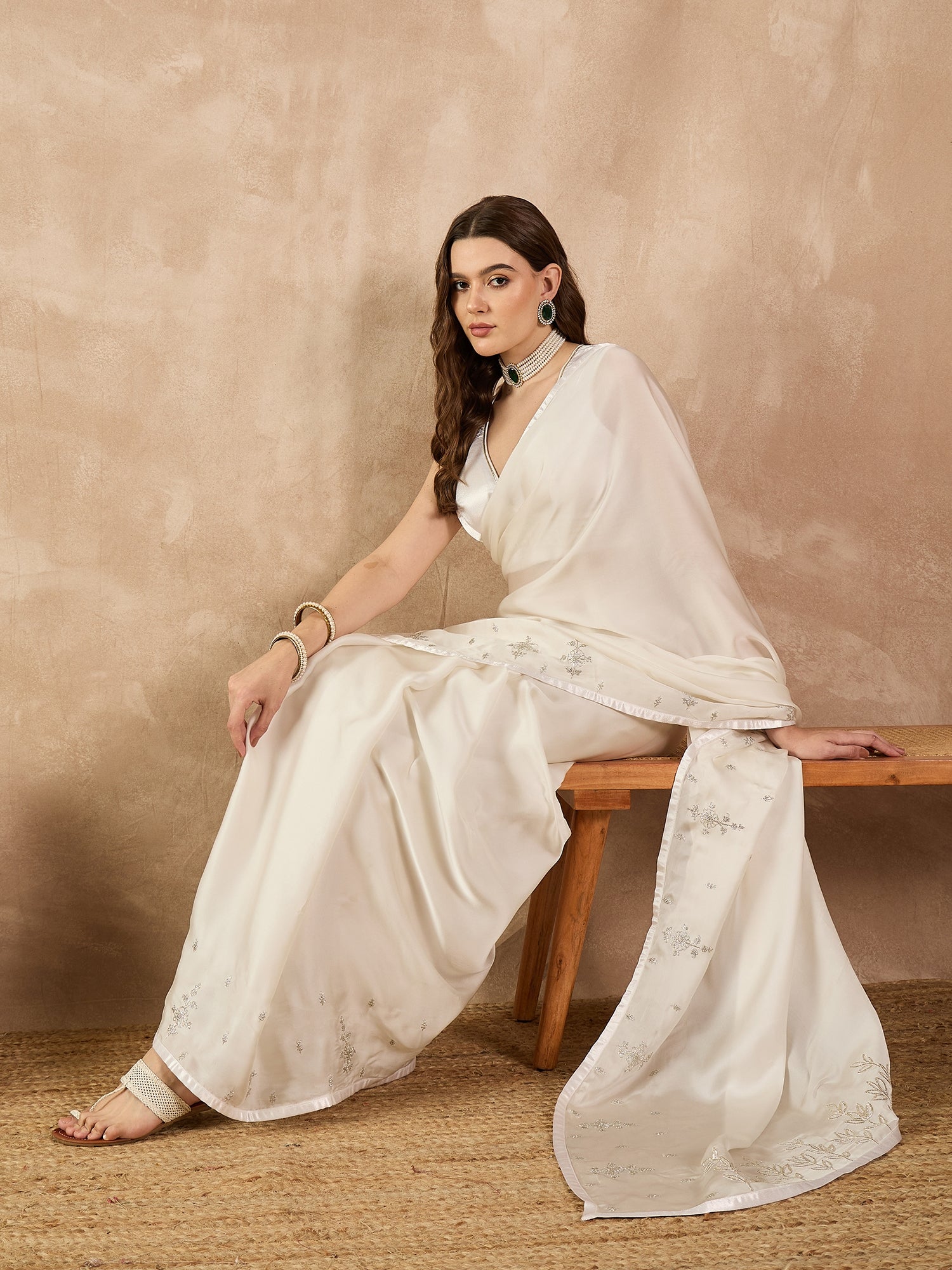 White Satin Solid With Coding Work Saree with Unstitched Fancy Blouse