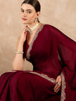 Maroon Satin Solid With Embroidered Border Saree with Unstitched Fancy Blouse
