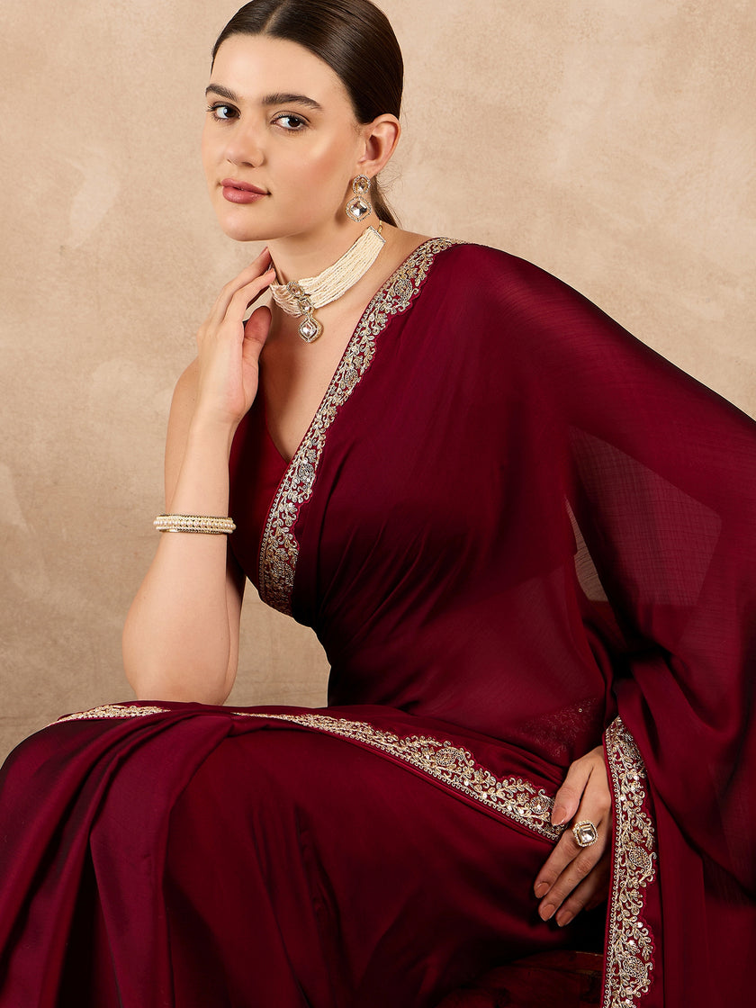 Maroon Satin Solid With Embroidered Border Saree with Unstitched Fancy Blouse