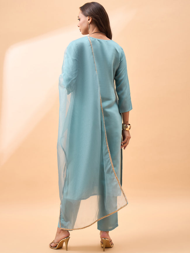 Light Blue  Pure Silk Yoke Design A-Line Kurta  Trouser   With Dupatta