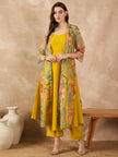 Yellow Silk Blend Solid A-Line Kurta Trouser With Floral Print Shrug