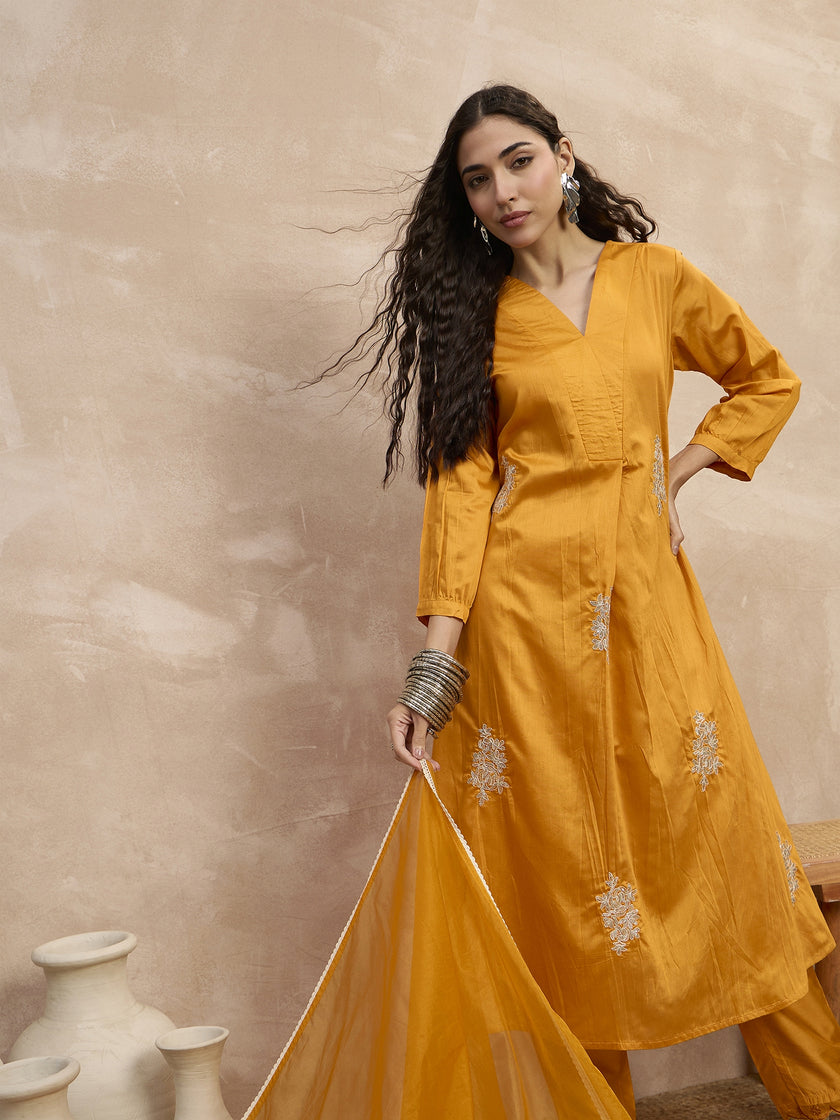 Yellow  Chanderi Silk Embroideried A-Line Kurta Trouser
