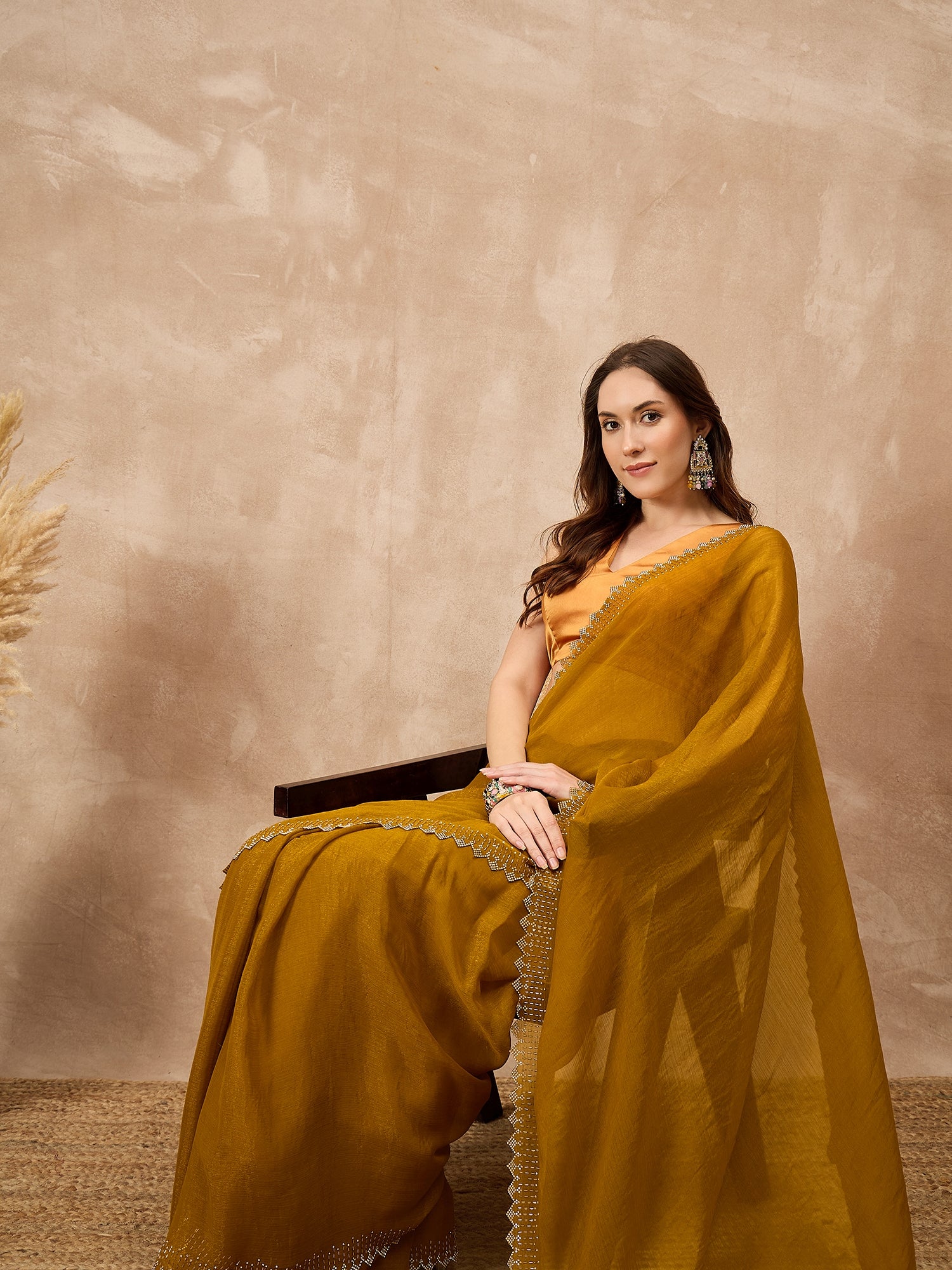 Mustard Satin Solid With Stone Work Border Saree with Unstitched Blouse