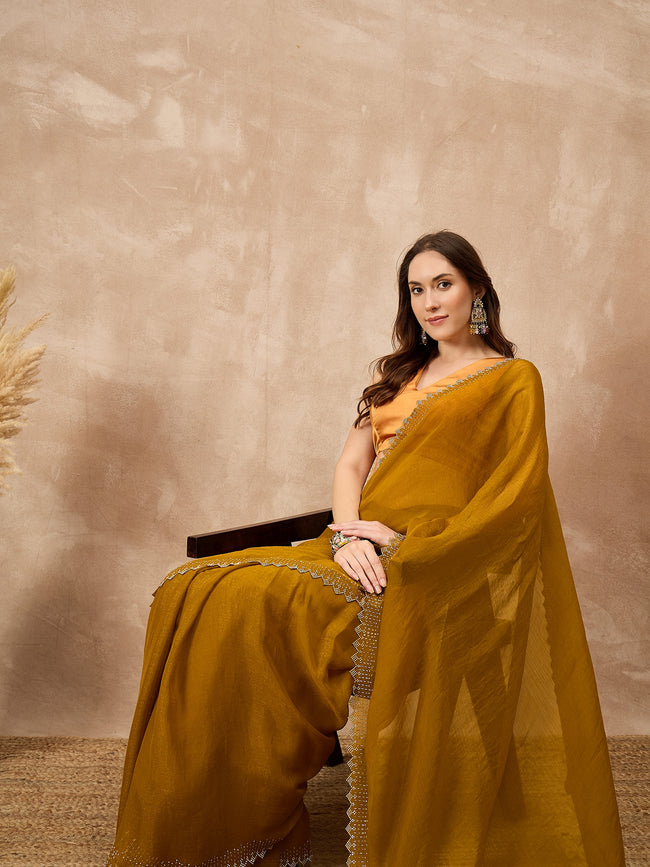 Mustard Satin Solid With Stone Work Border Saree with Unstitched Blouse