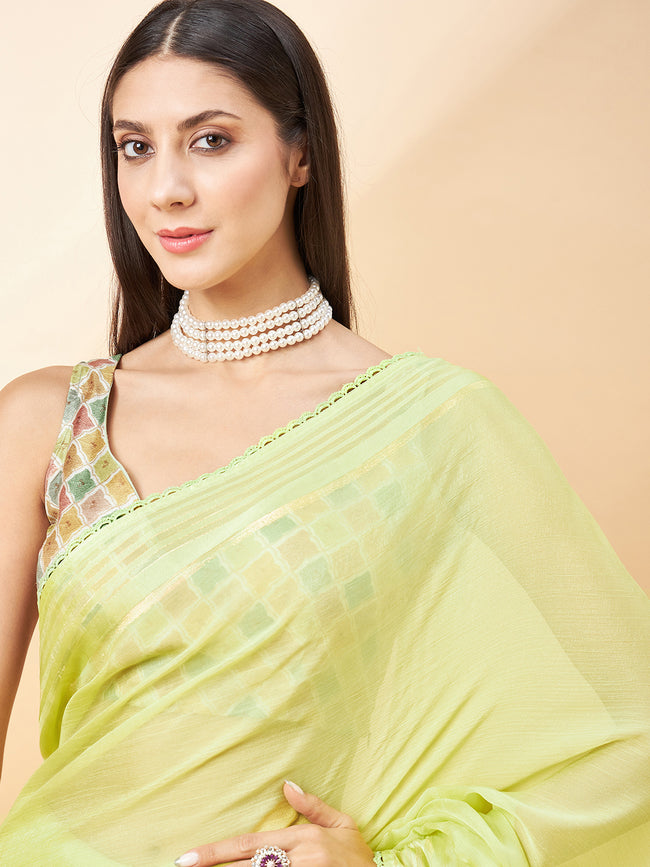 Lime Green Pure Chiffon Solid with Embllished Border Saree with Unstitched Fancy Blouse