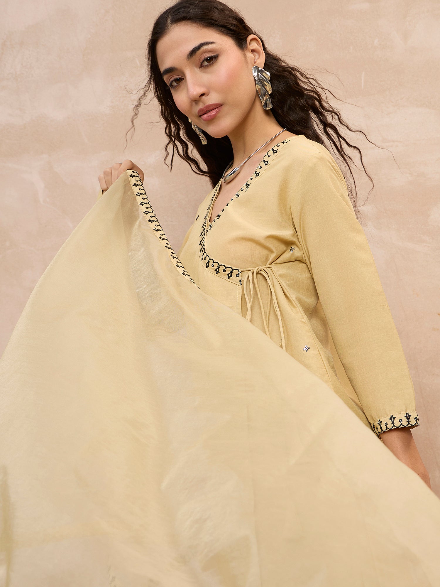 Beige  Chinon Embroideried A-Line Kurta Trouser