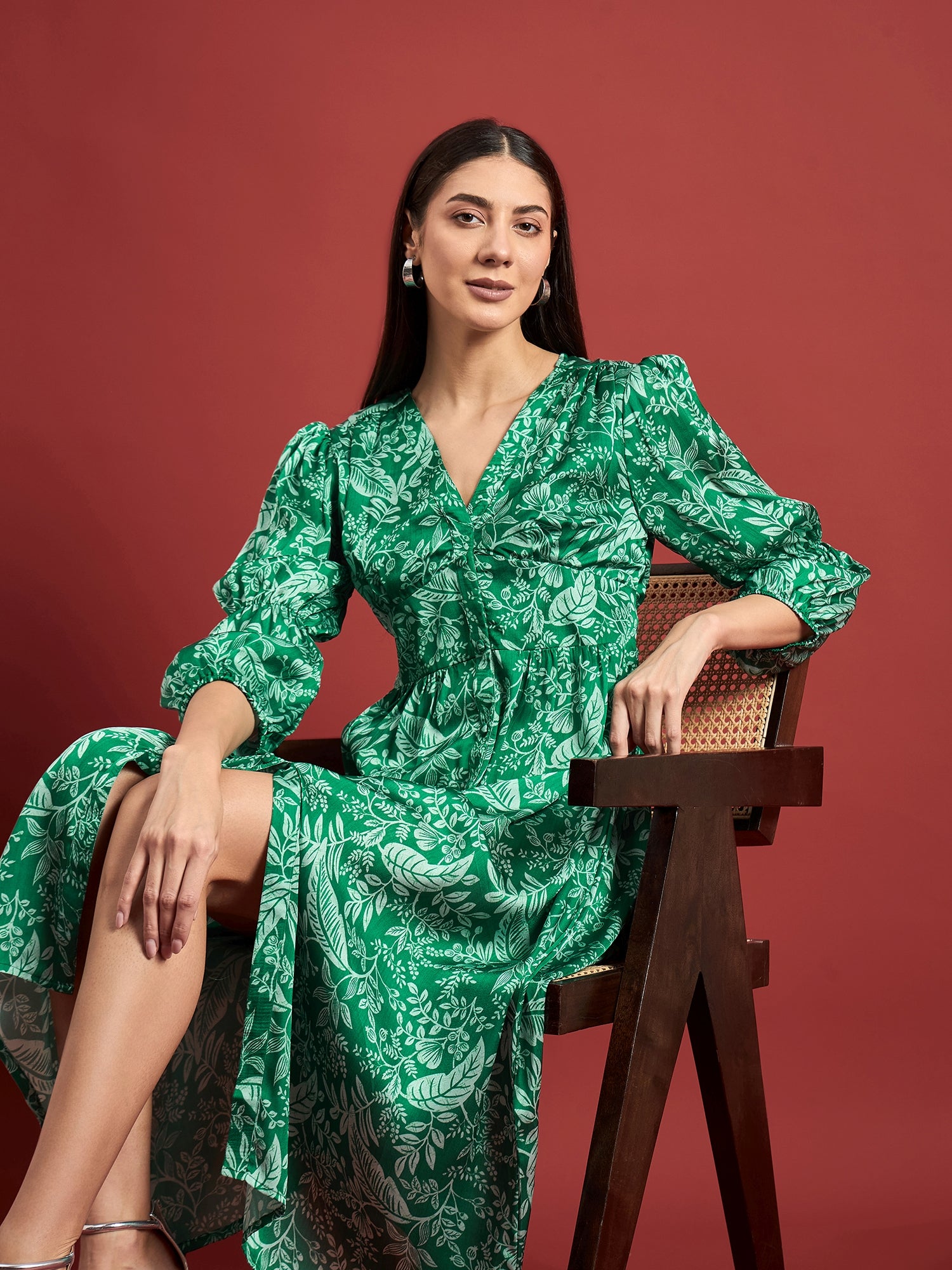 Green Polyester Printed Puff Sleeves Floral Dress