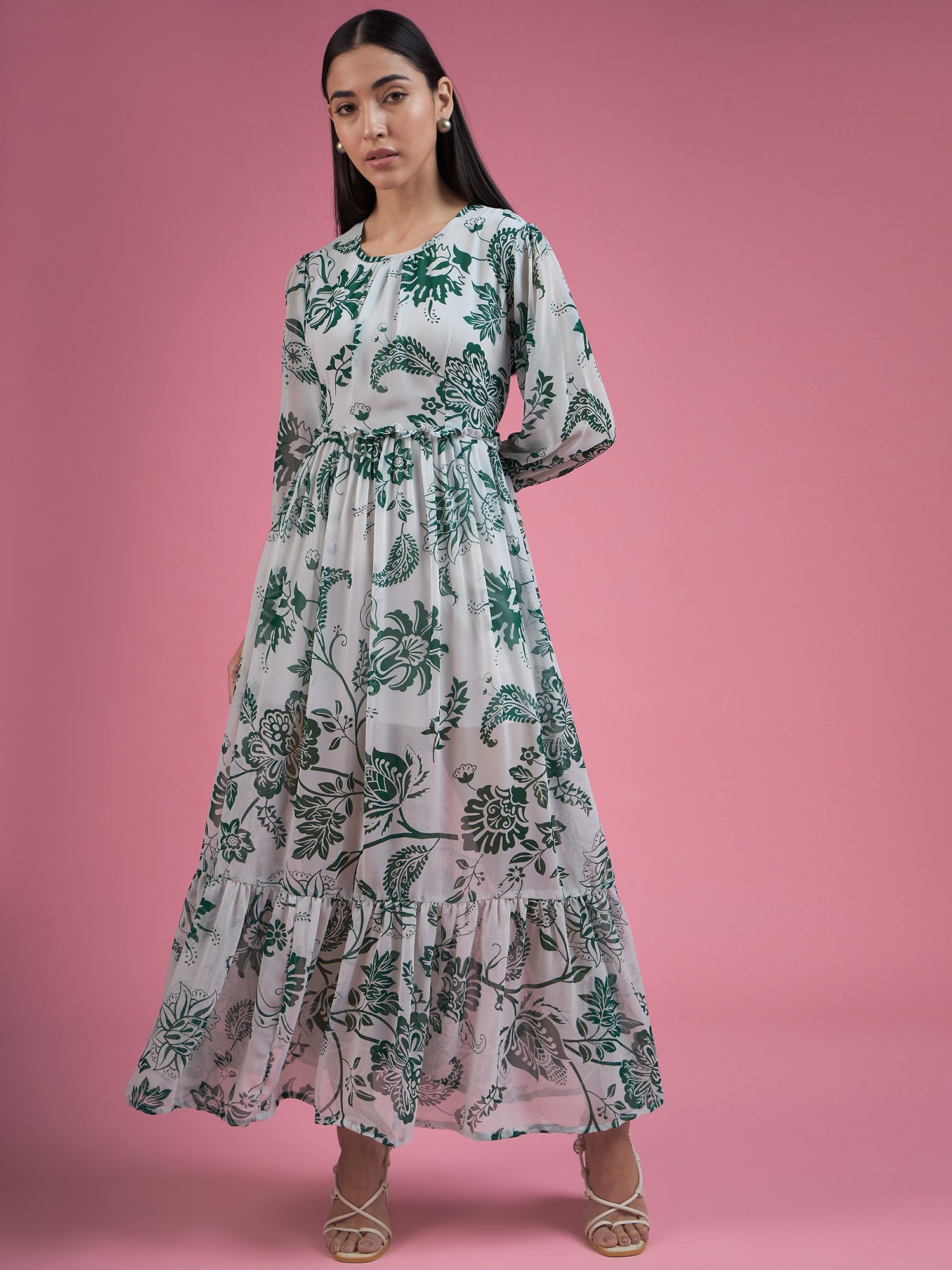 Multicolor Georgette Printed Cuffed Sleeves Floral Print Dress