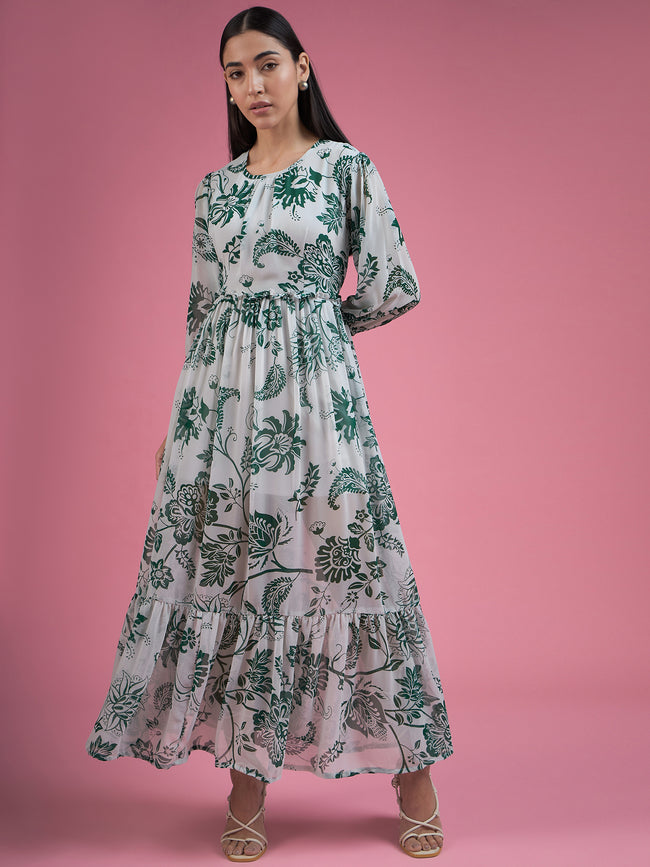 Multicolor Georgette Printed Cuffed Sleeves Floral Print Dress