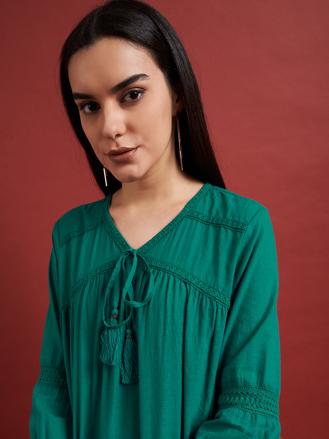 Green Pure Cotton Self Design Tie-Ups Puff Sleeves Ethnic Print Tops