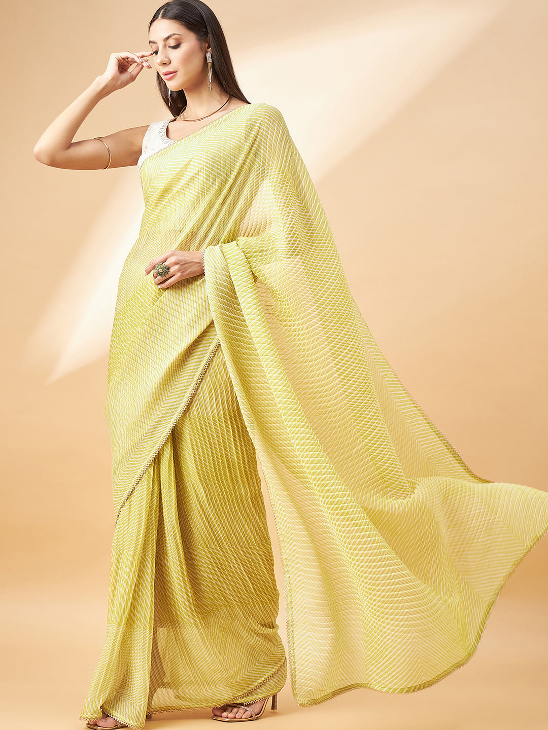 Parrot Green Pure Chiffon Zigzag Pleated Crush Print With Embellished Lace Saree with Unstitched Fancy Blouse