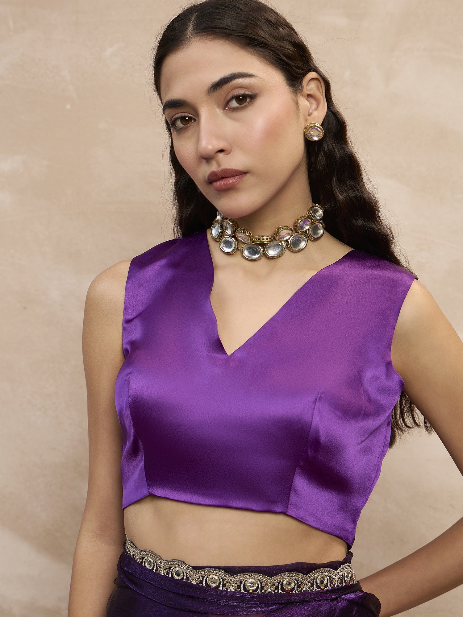 Purple Satin Solid With Embellished Lace Saree with Unstitched Blouse