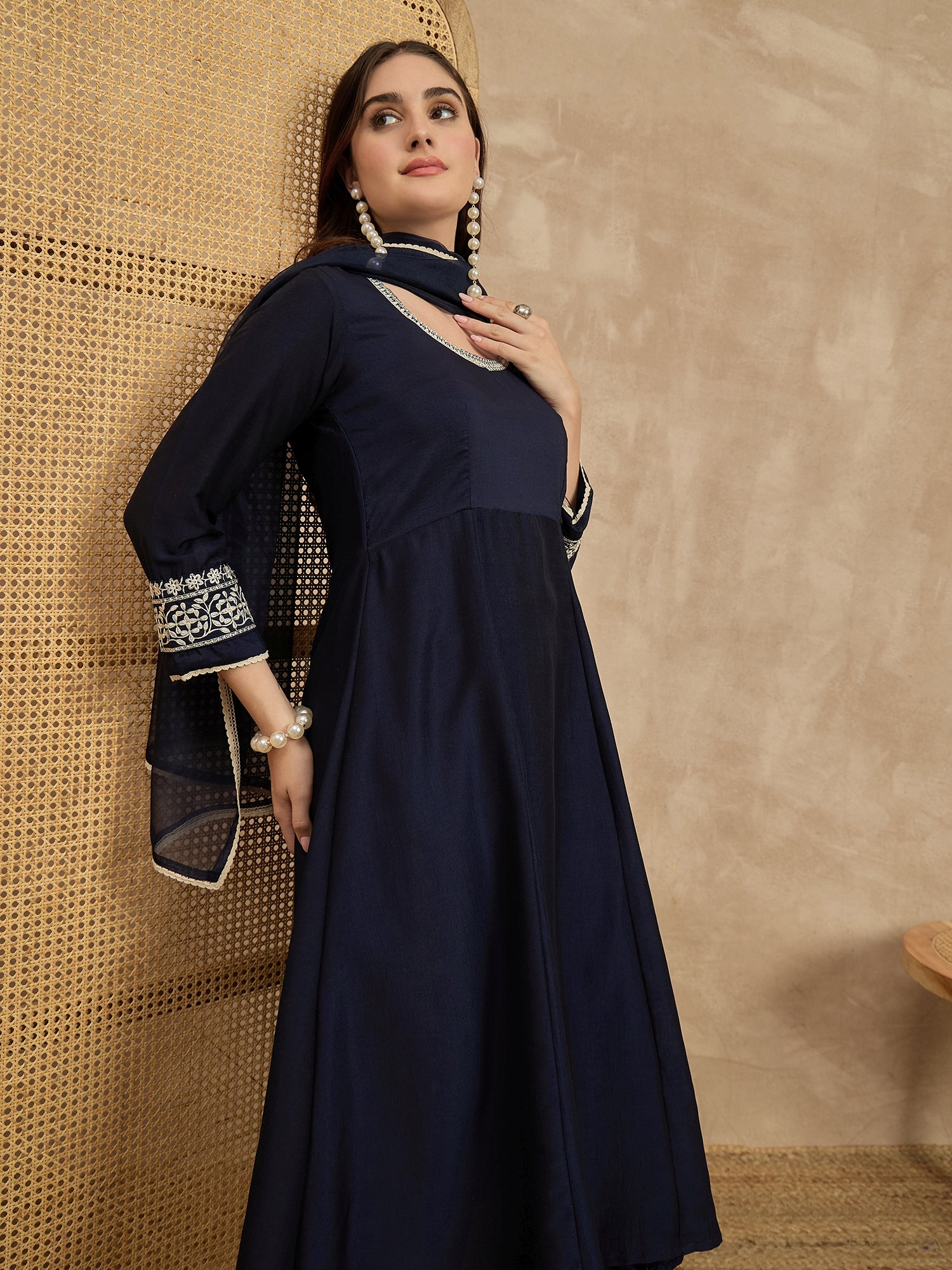 Blue  Chinon Embroideried A-Line Kurta Trouser