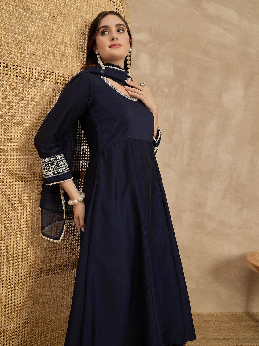 Blue  Chinon Embroideried A-Line Kurta Trouser