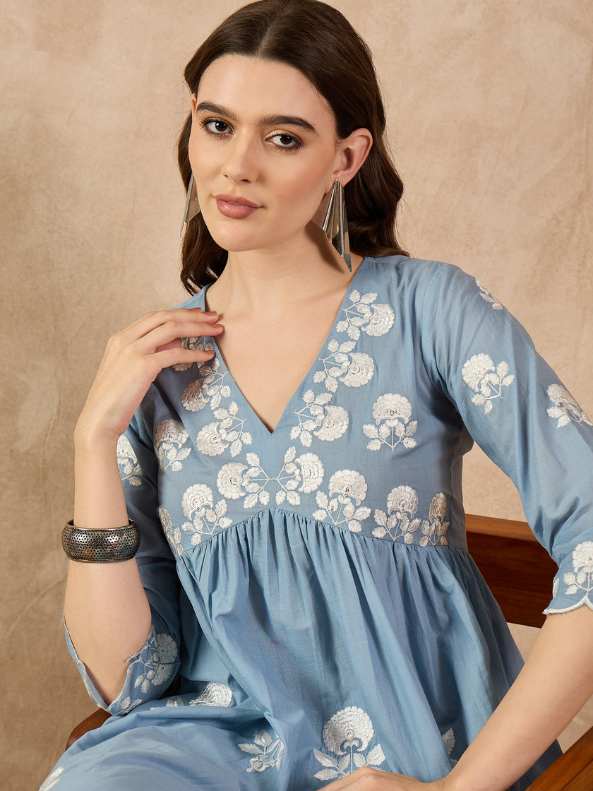 Light Blue  Cotton Blend Embroideried A-Line Kurta Trouser
