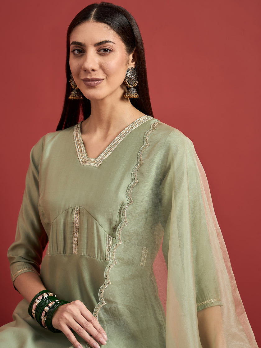 Green  Silk Blend Embroideried A-Line Kurta Trouser