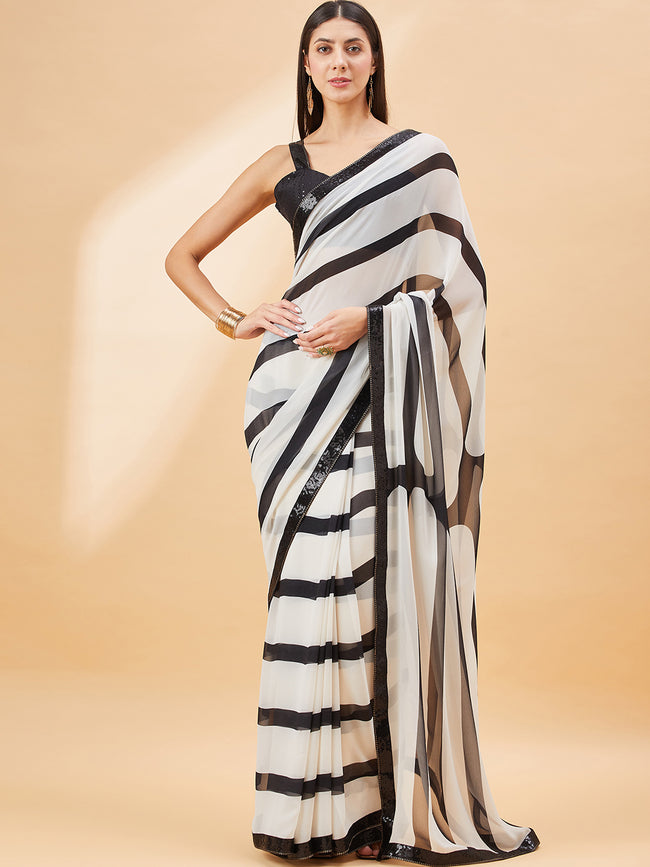 Multicolour Georgette Stripes Print With Embellished Lace Saree with Unstitched Fancy Blouse