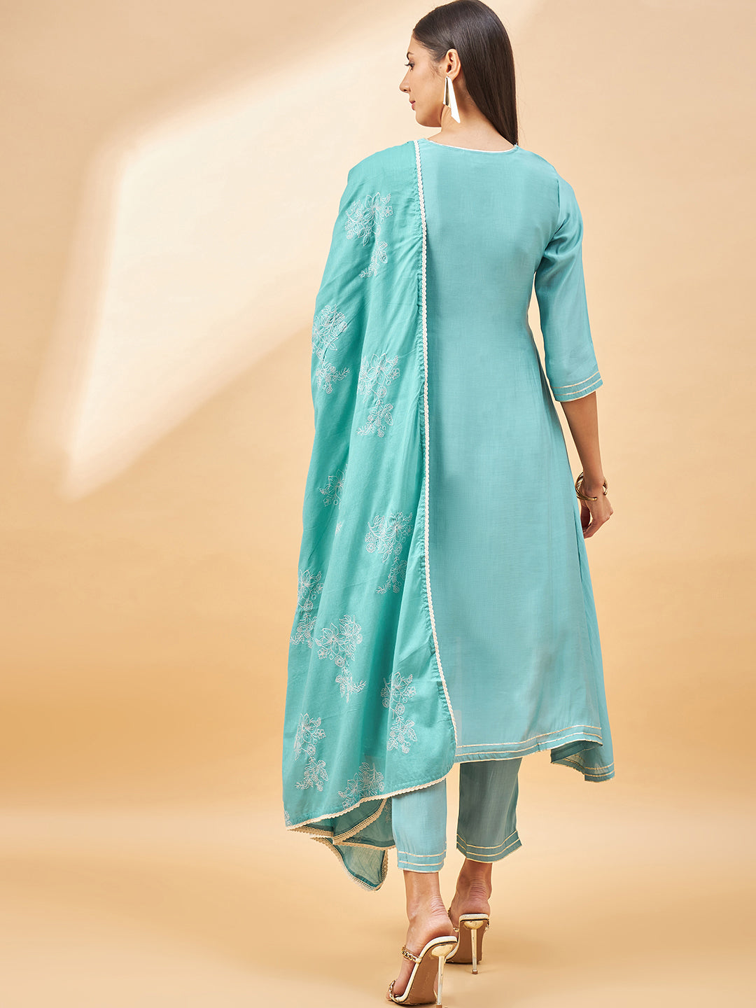 Turquoise Blue Pure Cotton Solid A-Line Kurta Trouser  With Dupatta