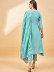 Turquoise Blue Pure Cotton Solid A-Line Kurta Trouser  With Dupatta