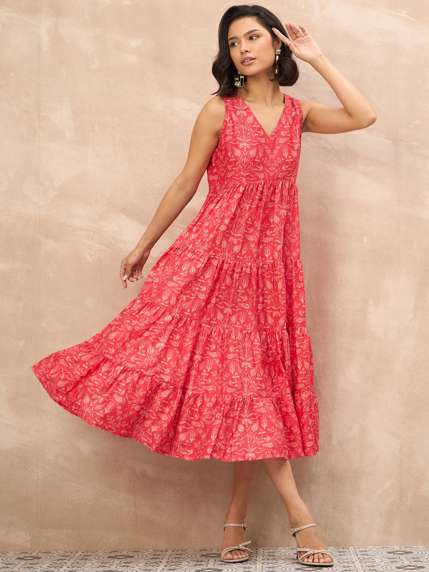 Red Polyester Printed No Sleeves Floral Dress