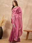 Pink  Poly Chiffon Solid with Embellished Cut Work Border Saree with Unstitched Blouse