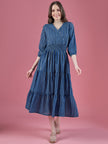 Blue Cotton Printed Puff Sleeves Striped Dress